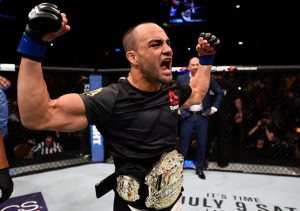 LAS VEGAS, NV - JULY 07: Eddie Alvarez celebrates after defeating Rafael Dos Anjos in their lightweight championship bout during the UFC Fight Night event inside the MGM Grand Garden Arena on July 7, 2016 in Las Vegas, Nevada. (Photo by Jeff Bottari/Zuffa LLC/Zuffa LLC via Getty Images)