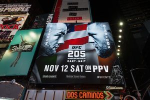 NEW YORK, NY - NOVEMBER 07: General view of UFC 205 digits billboards in Times Square on November 7, 2016 in New York City. (Photo by Brandon Magnus/Zuffa LLC/Zuffa LLC via Getty Images)